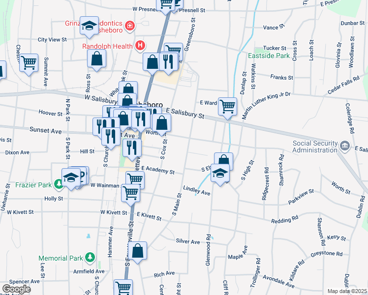 map of restaurants, bars, coffee shops, grocery stores, and more near 118 South Main Street in Asheboro