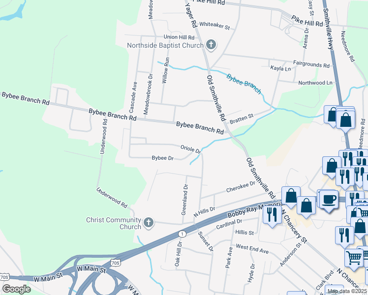 map of restaurants, bars, coffee shops, grocery stores, and more near 409 Oriole Drive in McMinnville