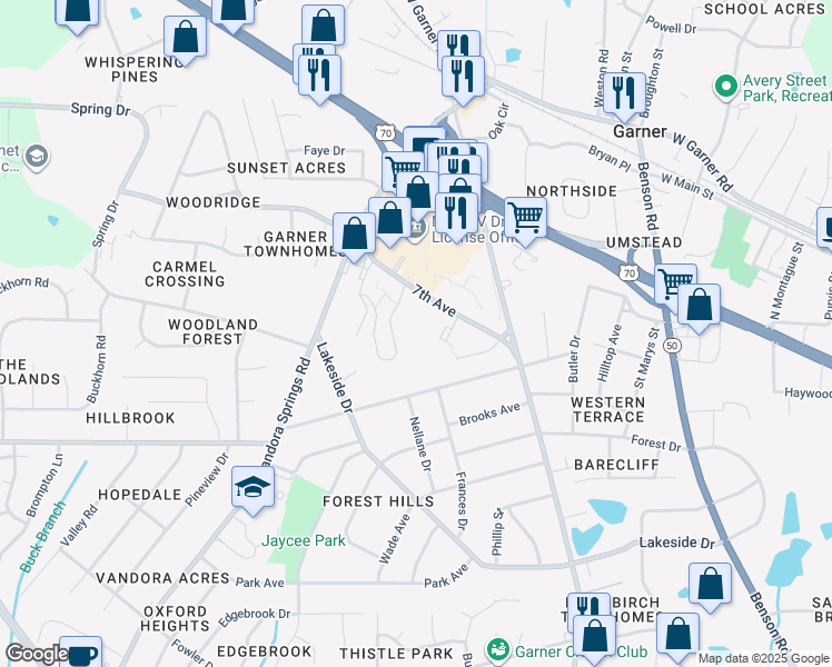 map of restaurants, bars, coffee shops, grocery stores, and more near Unnamed Road in Garner