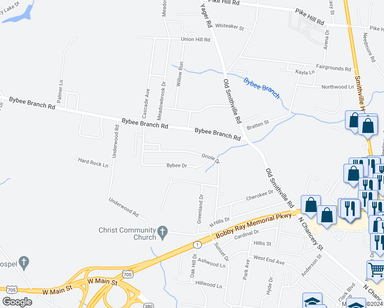 map of restaurants, bars, coffee shops, grocery stores, and more near 132 Bybee Drive in McMinnville