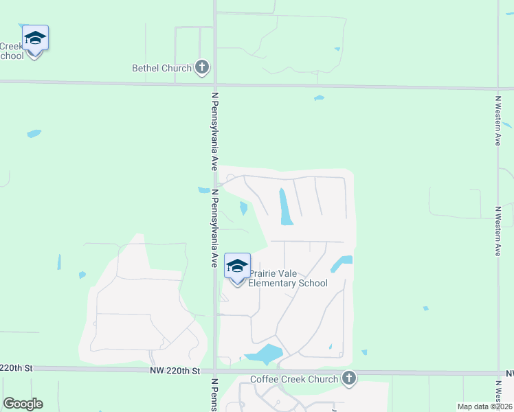 map of restaurants, bars, coffee shops, grocery stores, and more near 22100 North Pennsylvania Avenue in Edmond