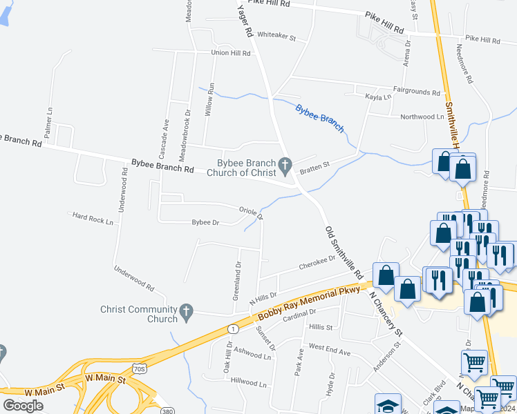 map of restaurants, bars, coffee shops, grocery stores, and more near 328 Oriole Drive in McMinnville