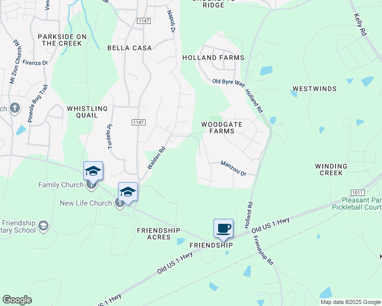 map of restaurants, bars, coffee shops, grocery stores, and more near 2811 Walden Road in Apex