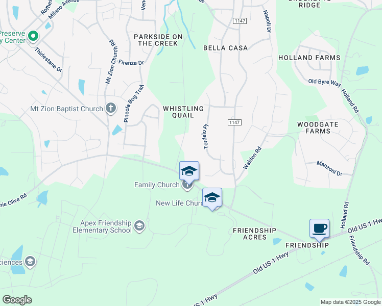 map of restaurants, bars, coffee shops, grocery stores, and more near 2721 Whistling Quail Run in Apex