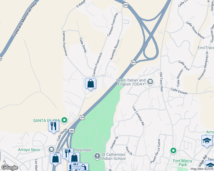 map of restaurants, bars, coffee shops, grocery stores, and more near 600 Circulo De Morelia in Santa Fe