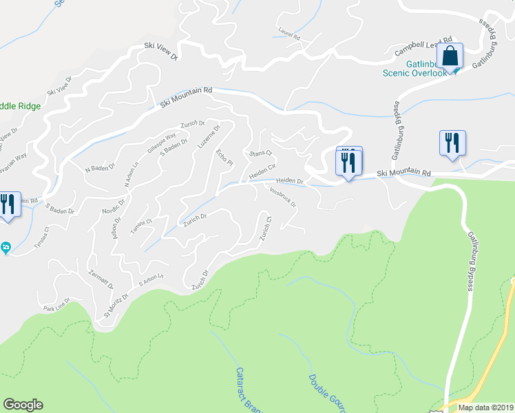 map of restaurants, bars, coffee shops, grocery stores, and more near 1835 Zurich Court in Gatlinburg
