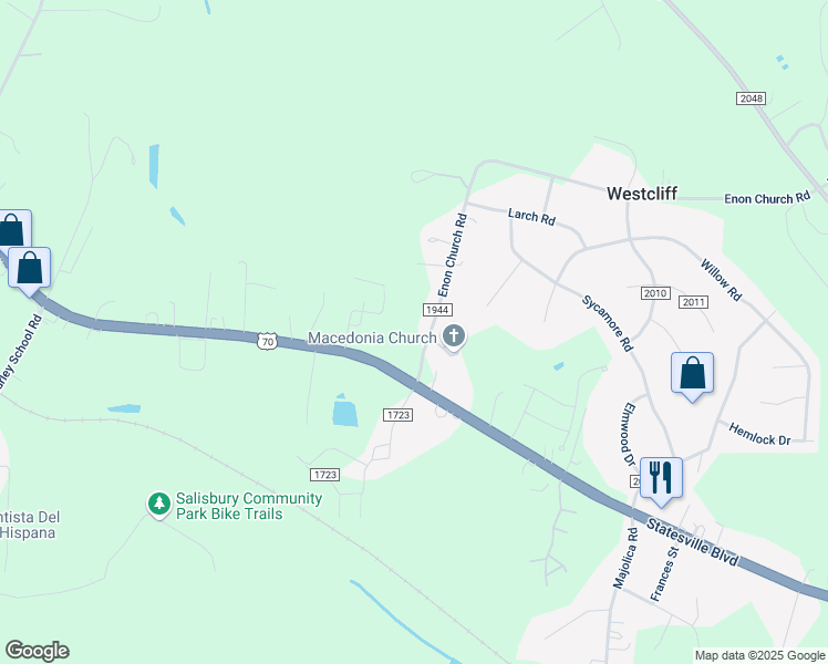 map of restaurants, bars, coffee shops, grocery stores, and more near 2860 Enon Church Road in Salisbury