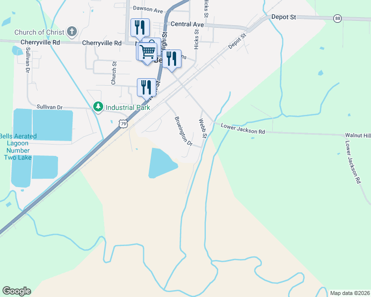 map of restaurants, bars, coffee shops, grocery stores, and more near 45 South Craves Circle in Bells