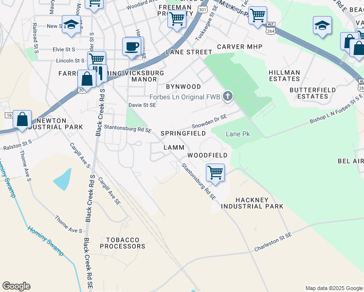 map of restaurants, bars, coffee shops, grocery stores, and more near 1703 East Trail Drive Southeast in Wilson