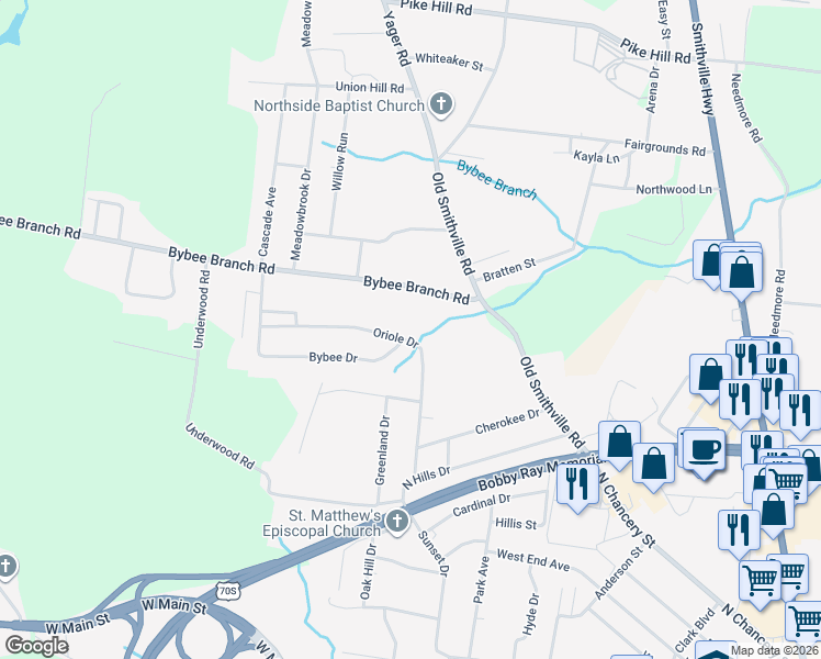 map of restaurants, bars, coffee shops, grocery stores, and more near 400 Oriole Drive in McMinnville