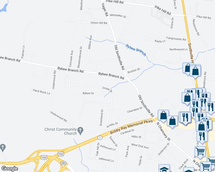 map of restaurants, bars, coffee shops, grocery stores, and more near 402 Oriole Drive in McMinnville