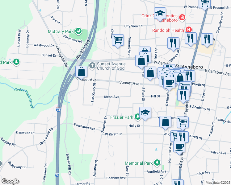 map of restaurants, bars, coffee shops, grocery stores, and more near 716 Dixon Avenue in Asheboro