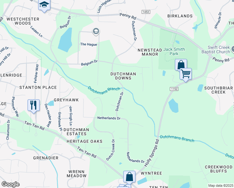 map of restaurants, bars, coffee shops, grocery stores, and more near 5504 Dutchman Drive in Raleigh