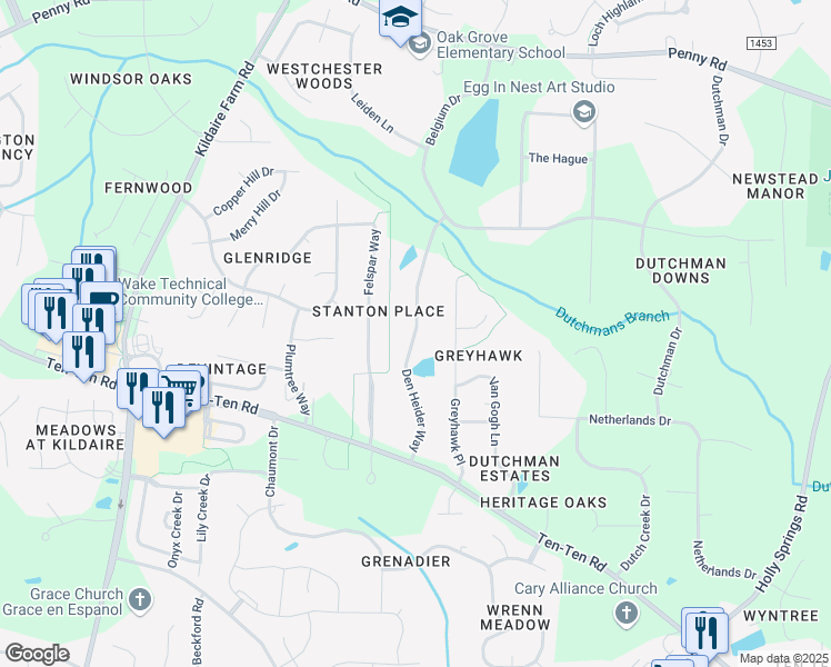 map of restaurants, bars, coffee shops, grocery stores, and more near 5433 Den Heider Way in Raleigh