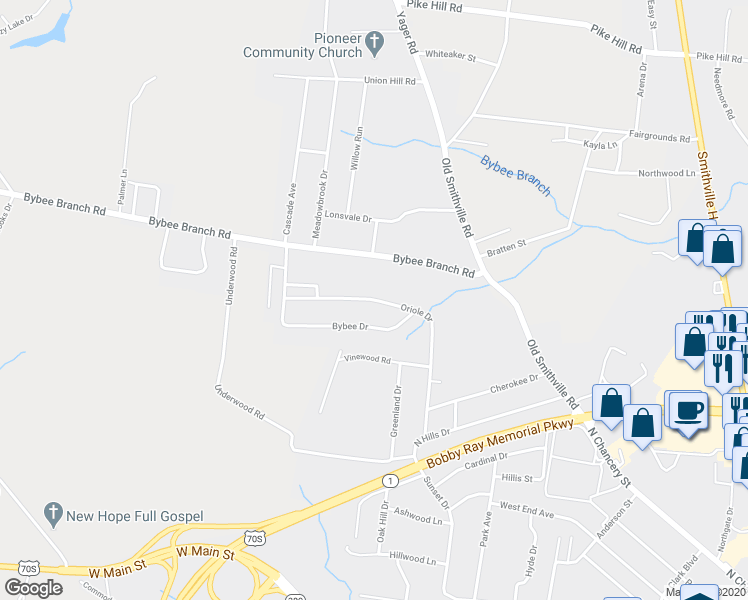 map of restaurants, bars, coffee shops, grocery stores, and more near 401 Oriole Drive in McMinnville