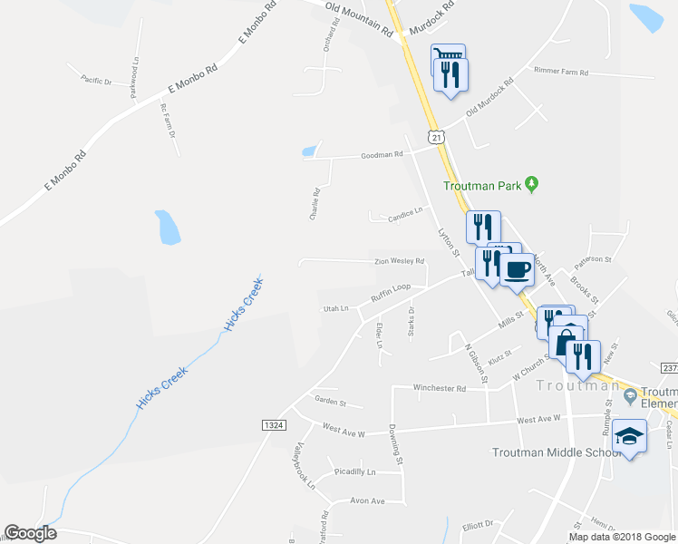 map of restaurants, bars, coffee shops, grocery stores, and more near 187 Zion Wesley Road in Troutman