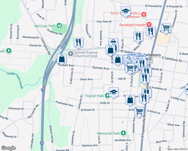 map of restaurants, bars, coffee shops, grocery stores, and more near 640 Dixon Avenue in Asheboro
