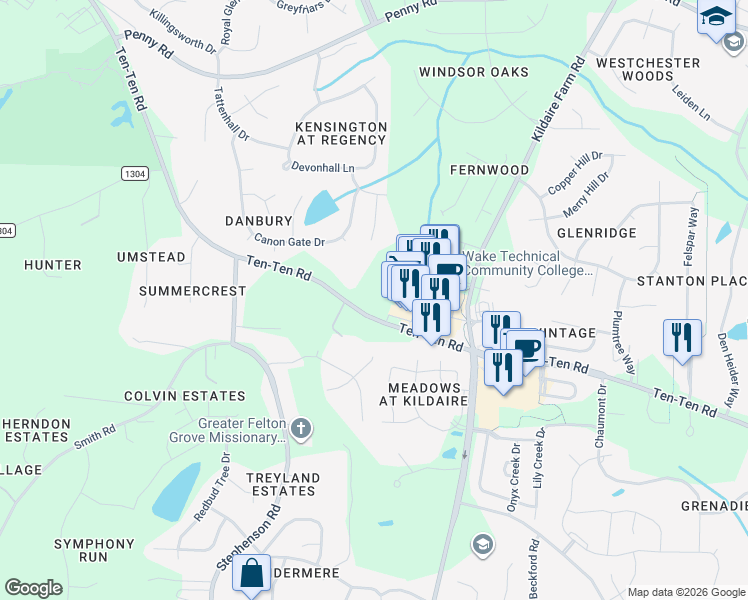 map of restaurants, bars, coffee shops, grocery stores, and more near 3490 Kildaire Farm Road in Cary