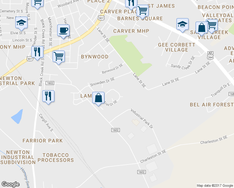 map of restaurants, bars, coffee shops, grocery stores, and more near 1825 East Trail Drive Southeast in Wilson