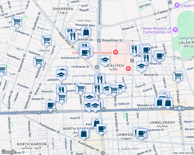 map of restaurants, bars, coffee shops, grocery stores, and more near Tohid Tunnel in Tehran