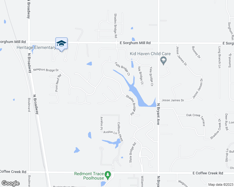 map of restaurants, bars, coffee shops, grocery stores, and more near 4908 Tower Bridge Court in Edmond