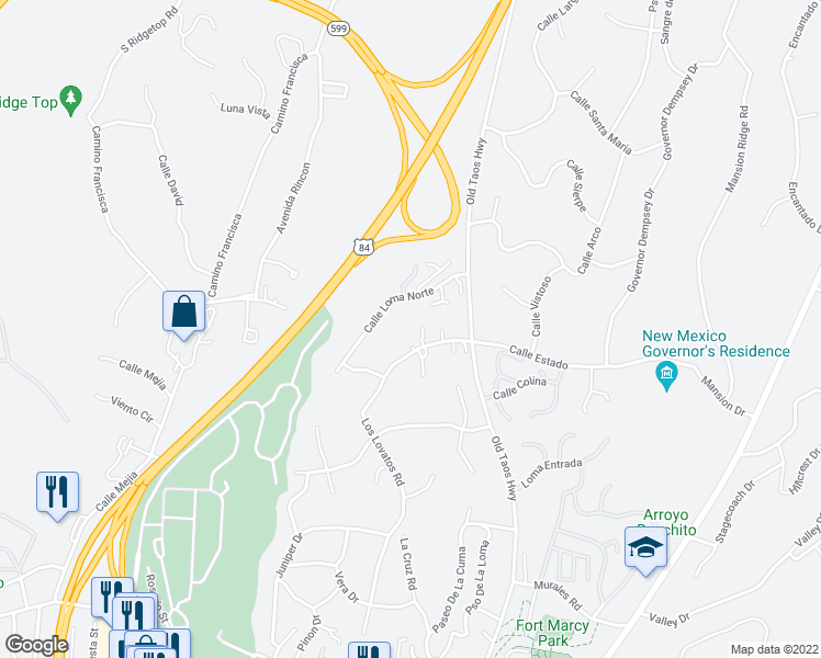 map of restaurants, bars, coffee shops, grocery stores, and more near 861 Los Lovatos Road in Santa Fe