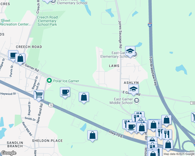 map of restaurants, bars, coffee shops, grocery stores, and more near 651 East Garner Road in Garner