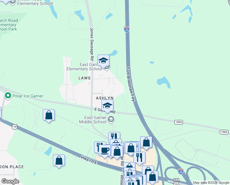 map of restaurants, bars, coffee shops, grocery stores, and more near 140 Ashlyn Ridge Drive in Garner