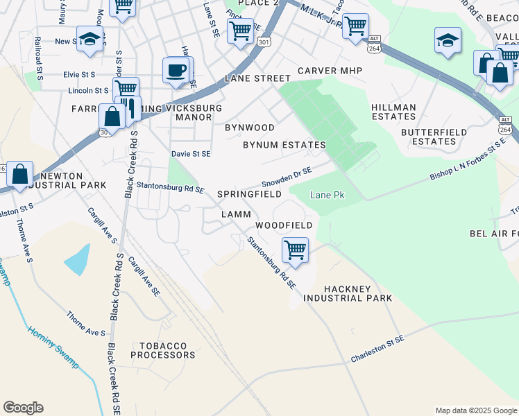 map of restaurants, bars, coffee shops, grocery stores, and more near 1805 East Trail Drive Southeast in Wilson
