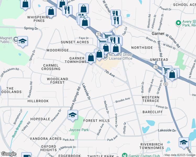 map of restaurants, bars, coffee shops, grocery stores, and more near 917 7th Avenue in Garner