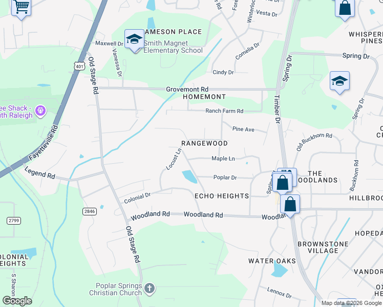 map of restaurants, bars, coffee shops, grocery stores, and more near 701 Elmwood Drive in Raleigh