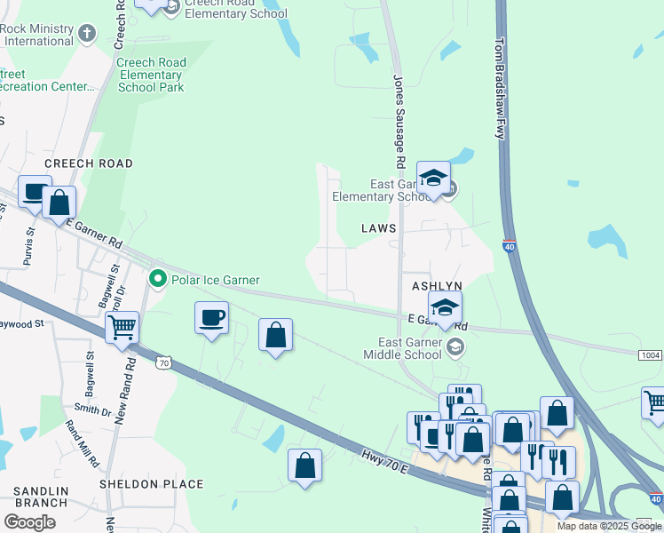 map of restaurants, bars, coffee shops, grocery stores, and more near 290 White Oak Ridge Drive in Garner