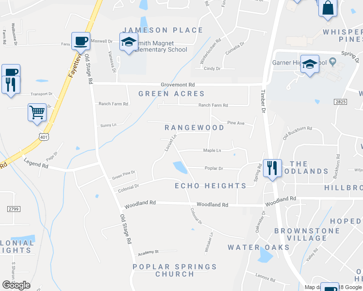 map of restaurants, bars, coffee shops, grocery stores, and more near 701 Elmwood Drive in Raleigh