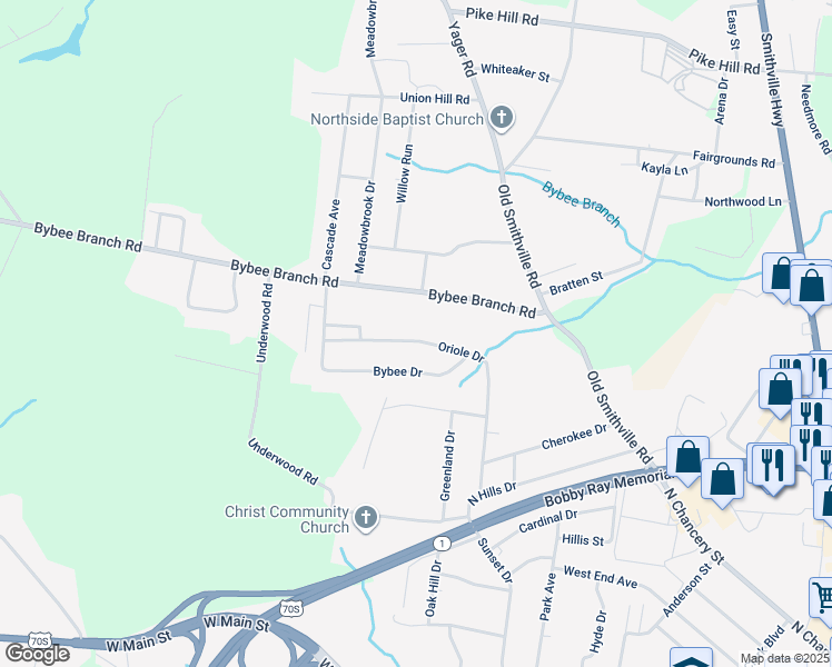 map of restaurants, bars, coffee shops, grocery stores, and more near 430 Oriole Drive in McMinnville
