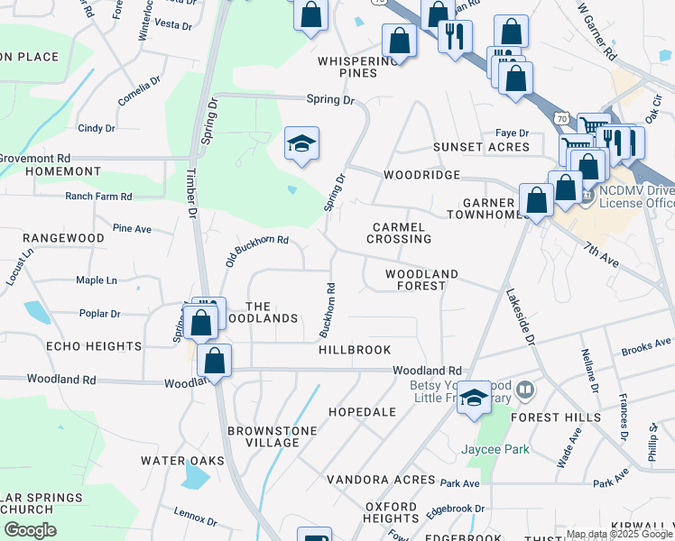 map of restaurants, bars, coffee shops, grocery stores, and more near 905 Buckhorn Road in Garner