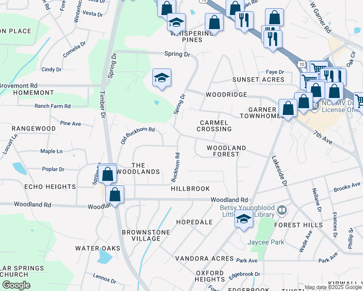 map of restaurants, bars, coffee shops, grocery stores, and more near 905 Buckhorn Road in Garner