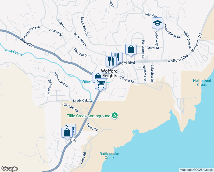 map of restaurants, bars, coffee shops, grocery stores, and more near 41 Lakeshore Drive in Wofford Heights