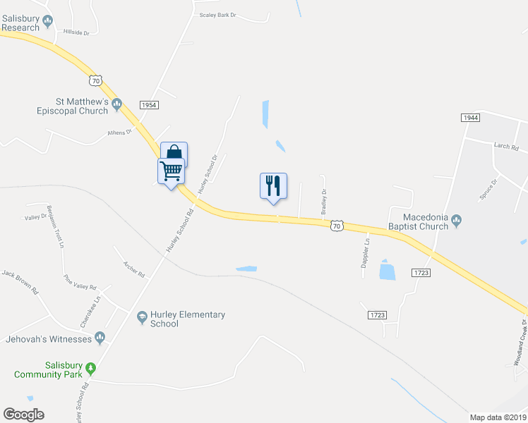 map of restaurants, bars, coffee shops, grocery stores, and more near 3820 Statesville Boulevard in Salisbury