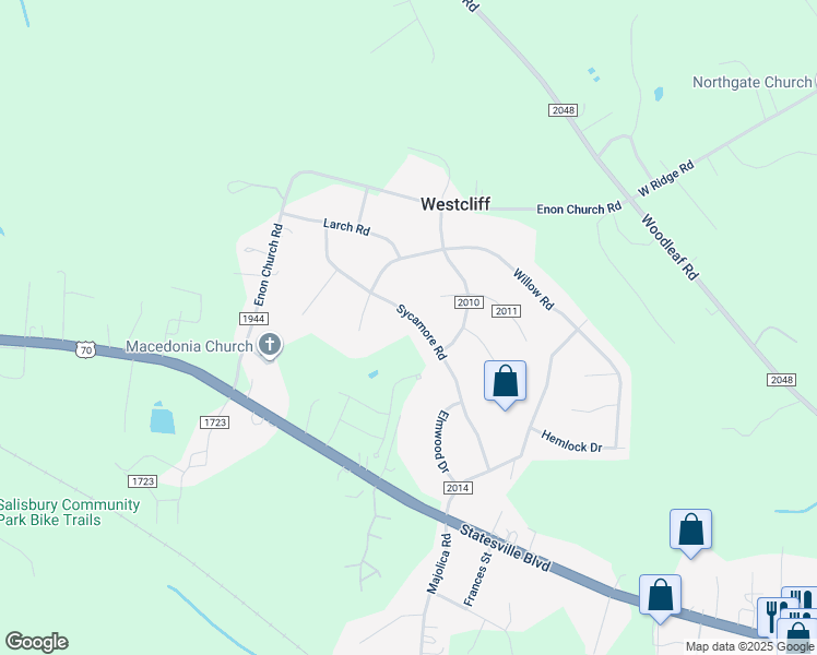 map of restaurants, bars, coffee shops, grocery stores, and more near 303 Sycamore Road in Salisbury