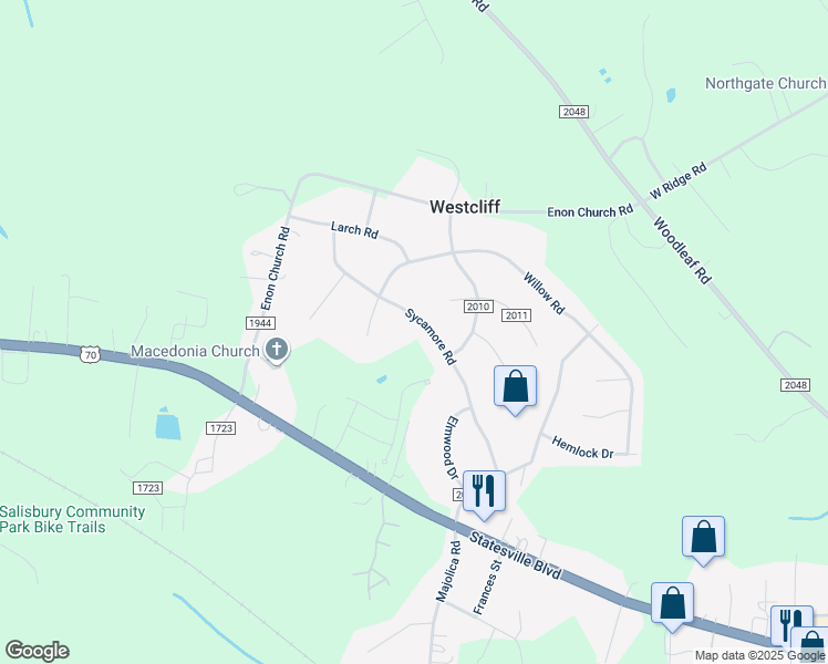 map of restaurants, bars, coffee shops, grocery stores, and more near 303 Sycamore Road in Salisbury