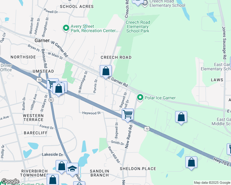 map of restaurants, bars, coffee shops, grocery stores, and more near 104 Griffin Street in Garner