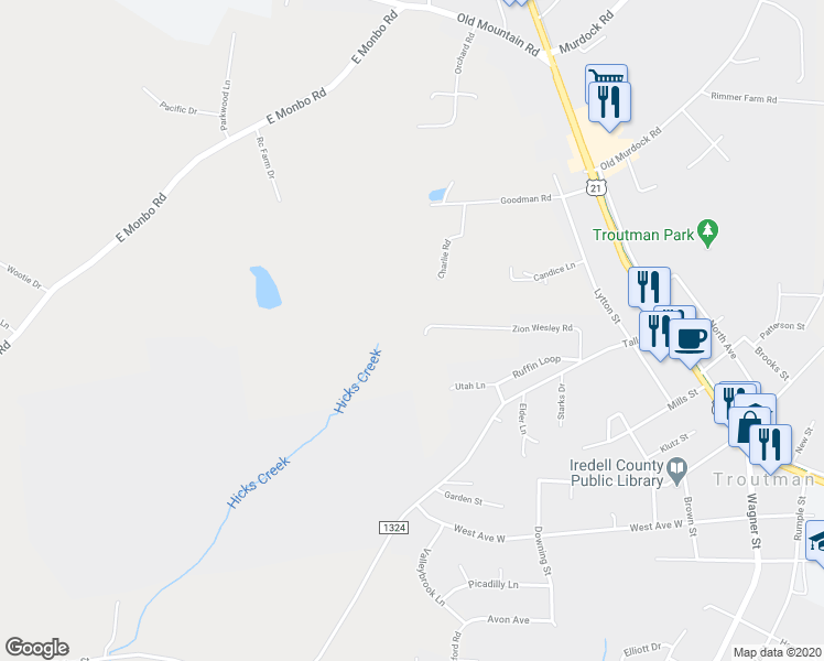 map of restaurants, bars, coffee shops, grocery stores, and more near 206 Zion Wesley Road in Troutman