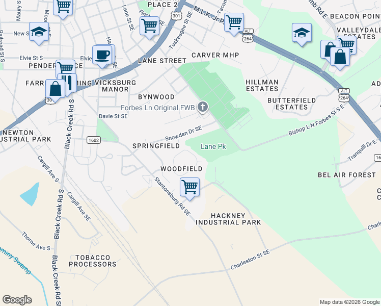 map of restaurants, bars, coffee shops, grocery stores, and more near 1846 East Trail Drive Southeast in Wilson