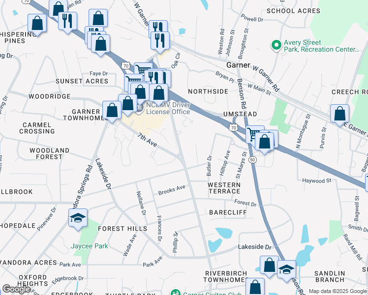 map of restaurants, bars, coffee shops, grocery stores, and more near 409 Aversboro Road in Garner