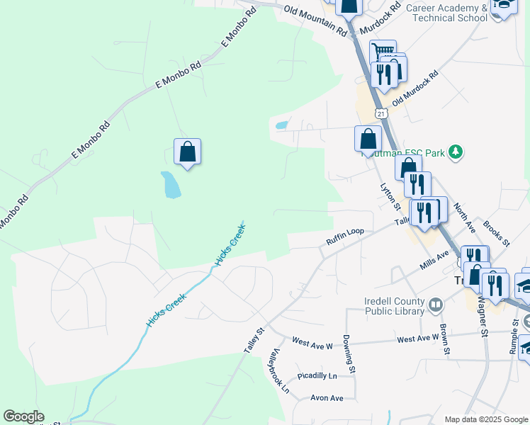 map of restaurants, bars, coffee shops, grocery stores, and more near 206 Zion Wesley Road in Troutman