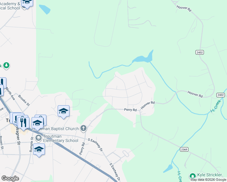map of restaurants, bars, coffee shops, grocery stores, and more near 467 Perry Road in Troutman