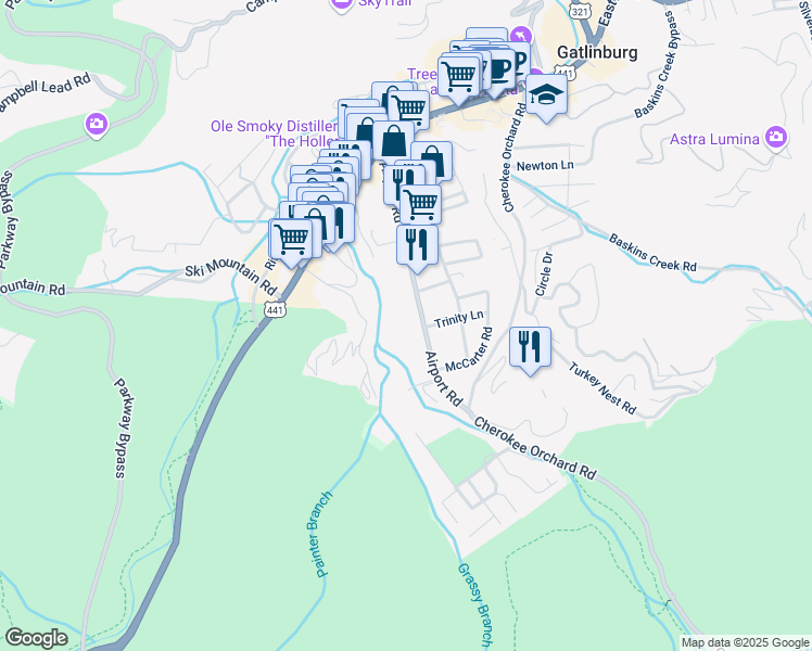 map of restaurants, bars, coffee shops, grocery stores, and more near 417 Historic Nature Trail in Gatlinburg
