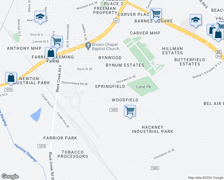 map of restaurants, bars, coffee shops, grocery stores, and more near 1707 Birchwood Drive Southeast in Wilson