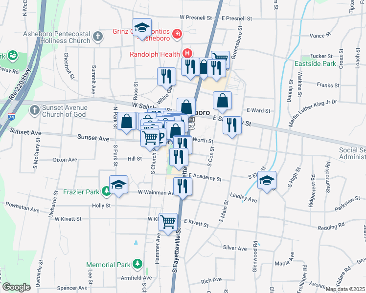 map of restaurants, bars, coffee shops, grocery stores, and more near 128 Sunset Avenue in Asheboro