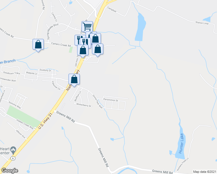map of restaurants, bars, coffee shops, grocery stores, and more near 2504 Nashville Highway in Columbia